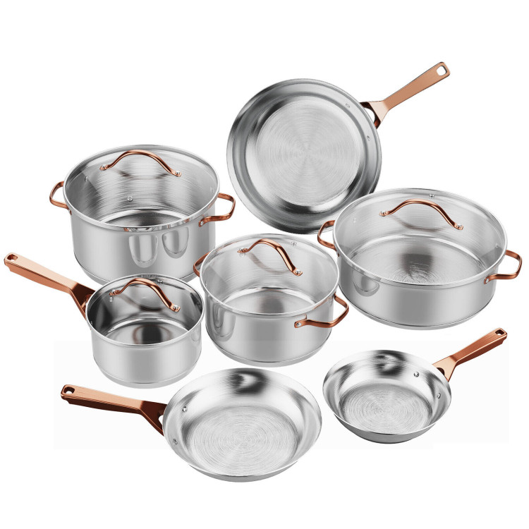 11 Pieces Stainless Steel Kitchen Cookware Set with Gold Stay-Cool HandlesCostway Gallery View 1 of 11