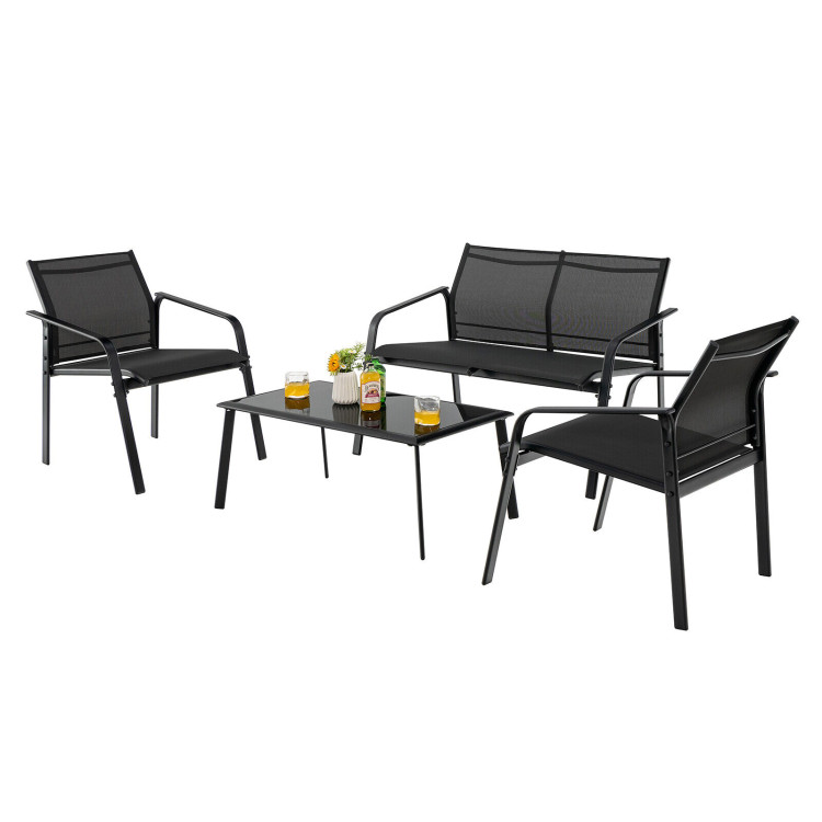 4 Pieces Patio Furniture Set with Armrest Loveseat Sofas and Glass Table Deck-BlackCostway Gallery View 8 of 10