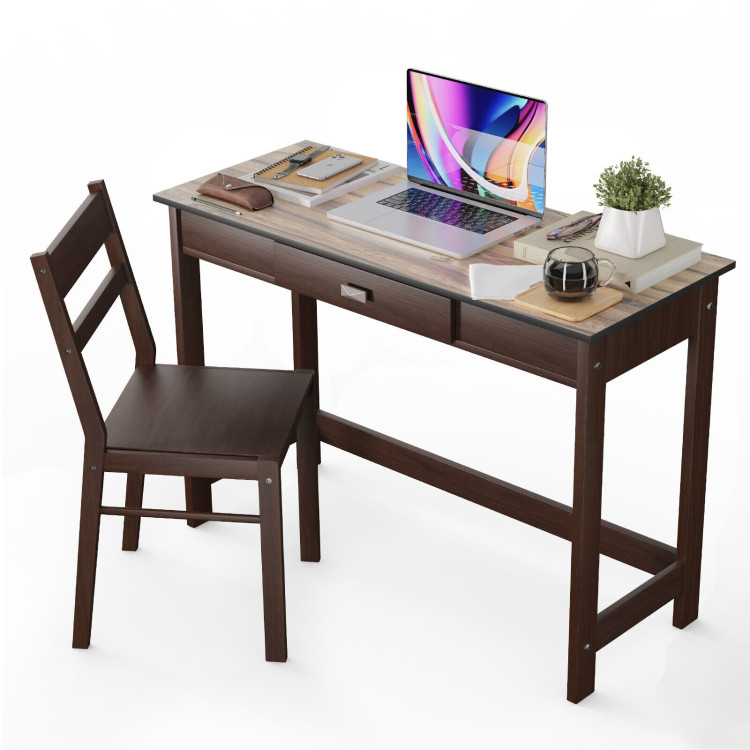 Kids Desk and Chair Set with Drawer-BrownCostway Gallery View 8 of 10