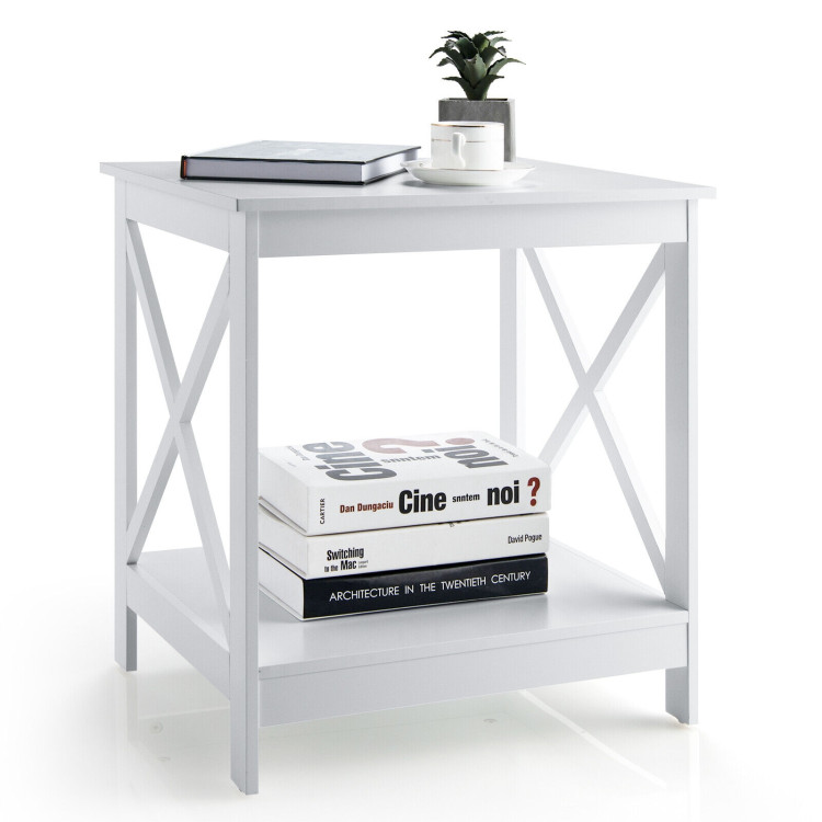 2-Tier Side Table with X-shape Design and 4 Solid Legs-WhiteCostway Gallery View 3 of 7