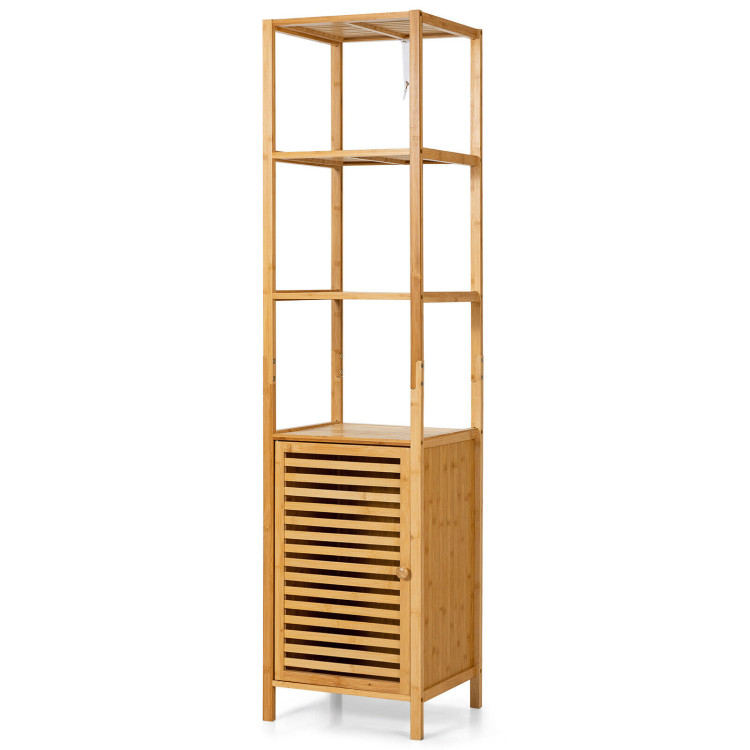 4 Tiers Slim Bamboo Floor Storage Cabinet with Shutter Door and Anti-Toppling Device-NaturalCostway Gallery View 4 of 12