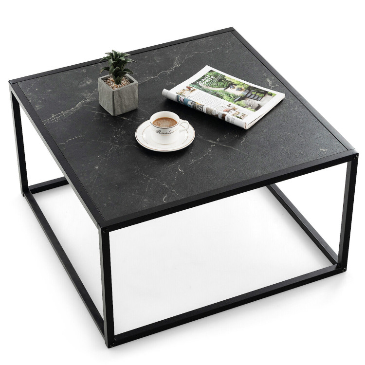 Modern Glass Square Coffee Table with Metal Frame for Living Room-BlackCostway Gallery View 10 of 11