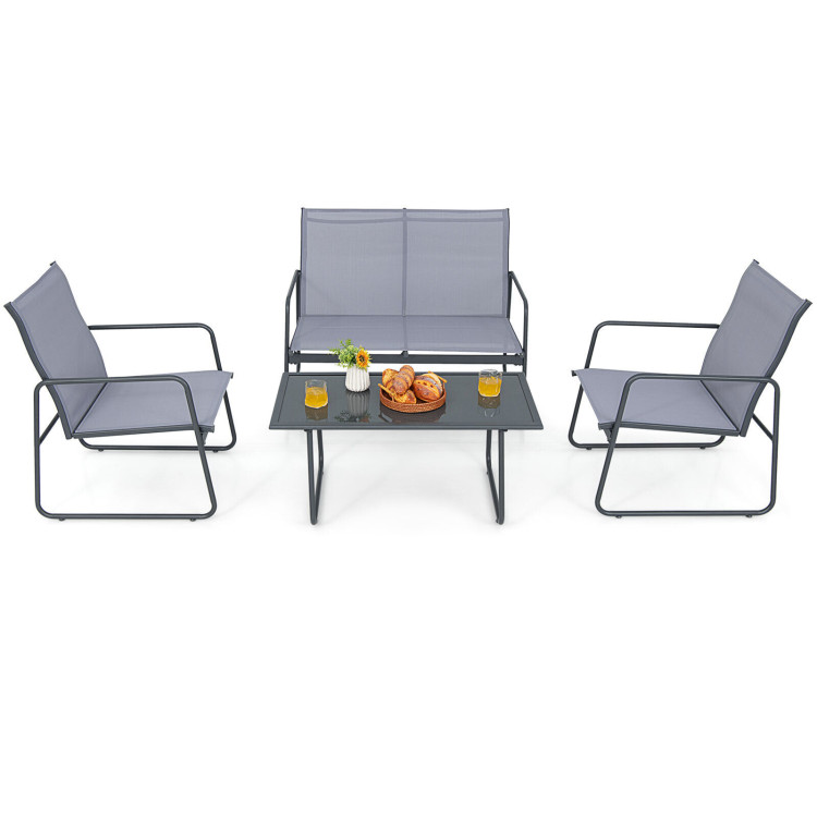 4 Pieces of Metal Patio Furniture Chat Set with Tempered Glass Coffee TableCostway Gallery View 3 of 10