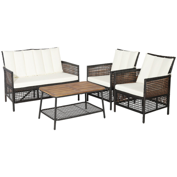 4 Pieces Patio Rattan Furniture Set with 2-Tier Coffee Table-WhiteCostway Gallery View 1 of 10