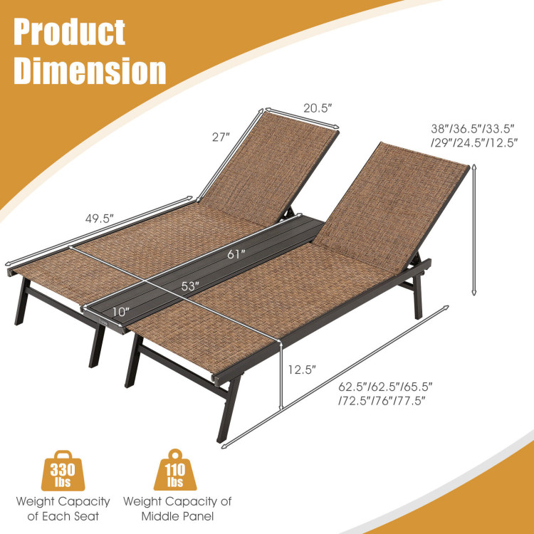 2-Person Patio Chaise Lounge with Middle Panel-BrownCostway Gallery View 4 of 10
