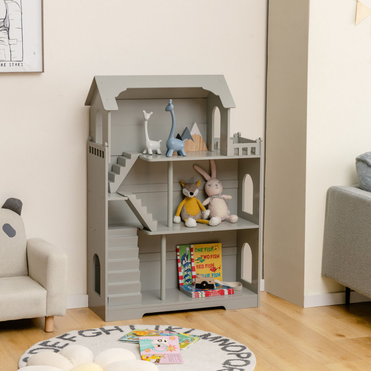 Kids Wooden Dollhouse Bookshelf with Anti-Tip Design and Storage Space-GrayCostway Gallery View 1 of 9
