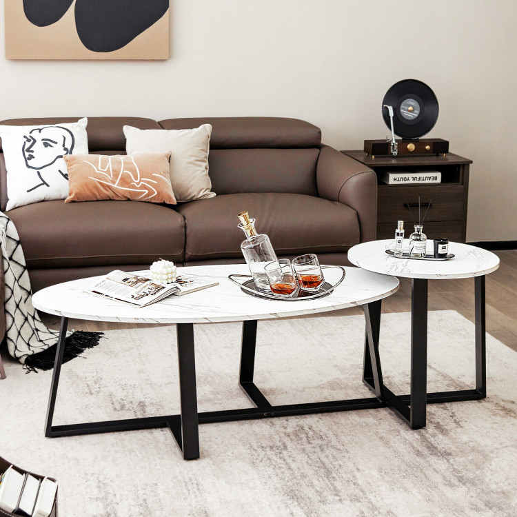 Set of 2 Modern Faux Marble Nesting Coffee Table Set with Oval and Round Table-WhiteCostway Gallery View 6 of 10