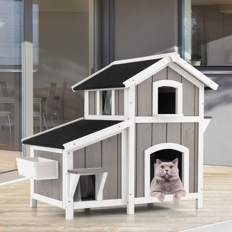 Outdoor 2-Story Wooden Feral Cat House with Escape Door-GrayCostway Gallery View 6 of 10