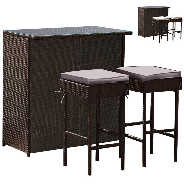 3 Pieces Patio Rattan Wicker Bar Table Stools Dining Set-Gray & Off WhiteCostway Gallery View 3 of 12
