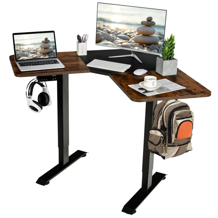 L-shaped Electric Standing Desk with 4 Memory Positions and LCD Display-Rustic BrownCostway Gallery View 8 of 11