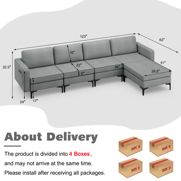 1/2/3/4-Seat Convertible Sectional Sofa with Reversible Ottoman-4-Seat L-shaped with 2 USB PortsCostway Gallery View 3 of 13