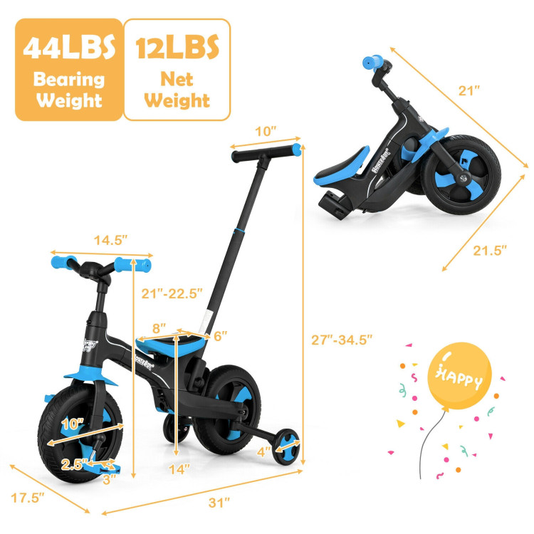 5-in-1 Multifunctional Kids Bike with Detachable Push Handle-BlueCostway Gallery View 5 of 10