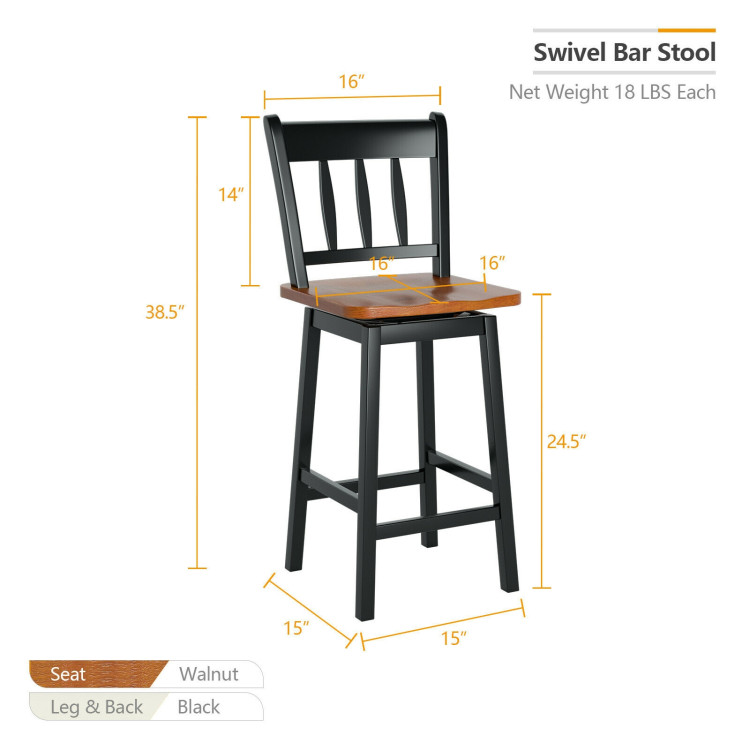 24.5 Inches Set of 2 Swivel Bar Stools with 360° Swiveling-BlackCostway Gallery View 4 of 7
