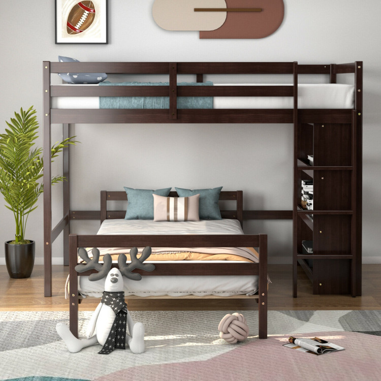 Twin Over Twin Loft Bunk Bed with Bookcase-Dark BrownCostway Gallery View 6 of 10