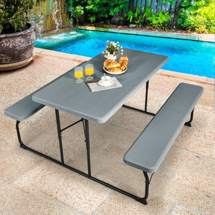 Indoor and Outdoor Folding Picnic Table Bench Set with Wood-like Texture-GrayCostway Gallery View 1 of 12