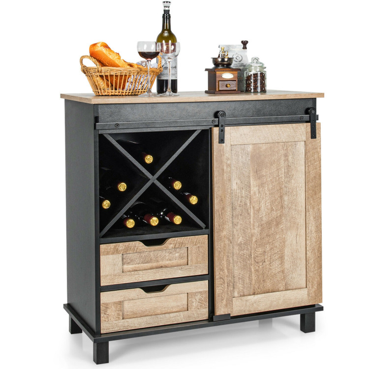 Kitchen Buffet Sideboard with Sliding Barn Door 2 Drawers and Wine Rack-NaturalCostway Gallery View 8 of 11