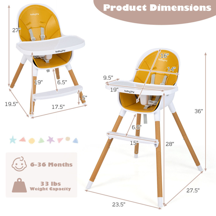 4-in-1 Convertible Baby High Chair Infant Feeding Chair with Adjustable Tray-YellowCostway Gallery View 4 of 10