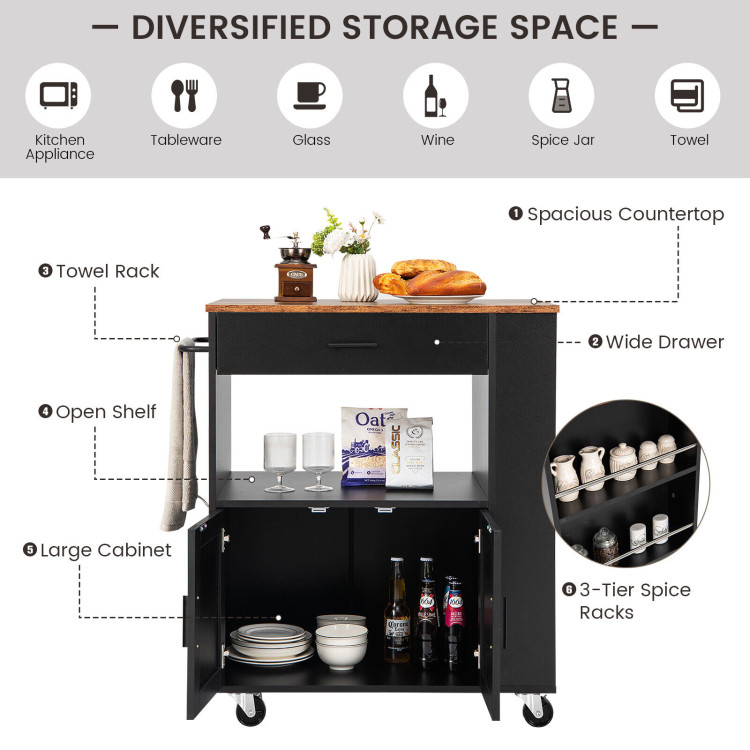 Rolling Kitchen Trolley with 3 Spice Racks Drawer and Open Shelf-BlackCostway Gallery View 5 of 9