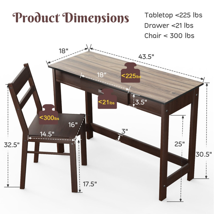 Kids Desk and Chair Set with Drawer-BrownCostway Gallery View 4 of 10