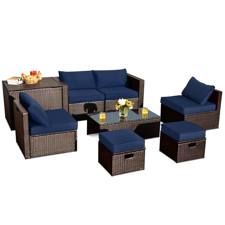 8 Pieces Patio Space-Saving Rattan Furniture Set with Storage Box and Waterproof Cover-NavyCostway Gallery View 3 of 11