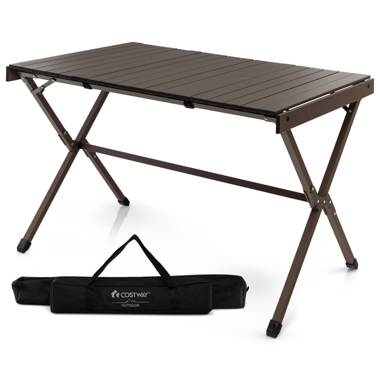4-6 Person Portable Aluminum Camping Table with Carrying Bag-BrownCostway Gallery View 4 of 12