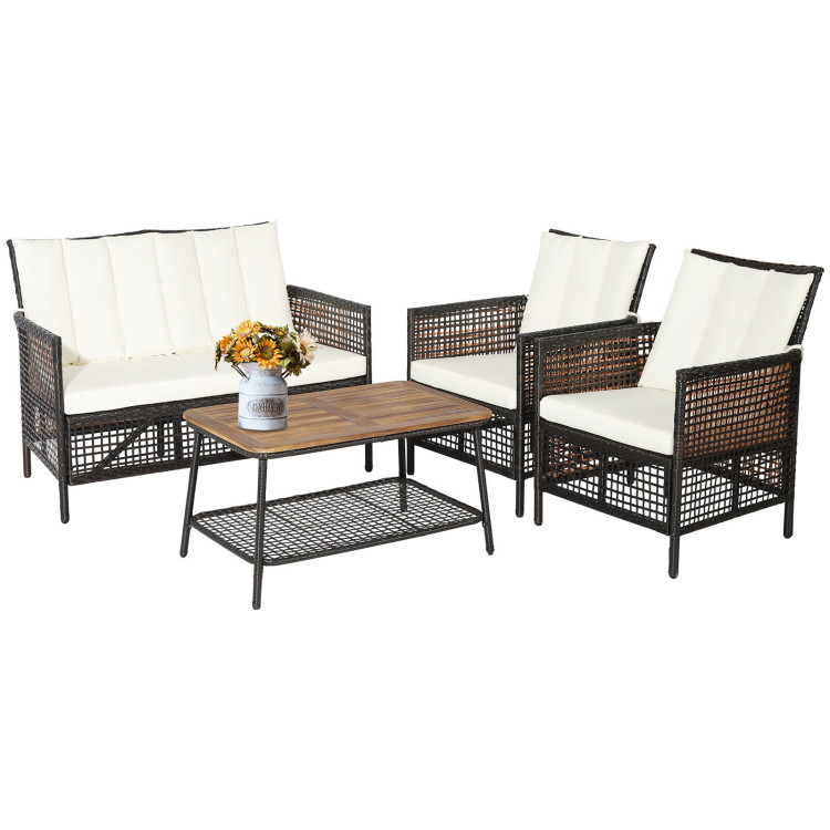 4 Pieces Patio Rattan Furniture Set with 2-Tier Coffee Table-WhiteCostway Gallery View 7 of 10