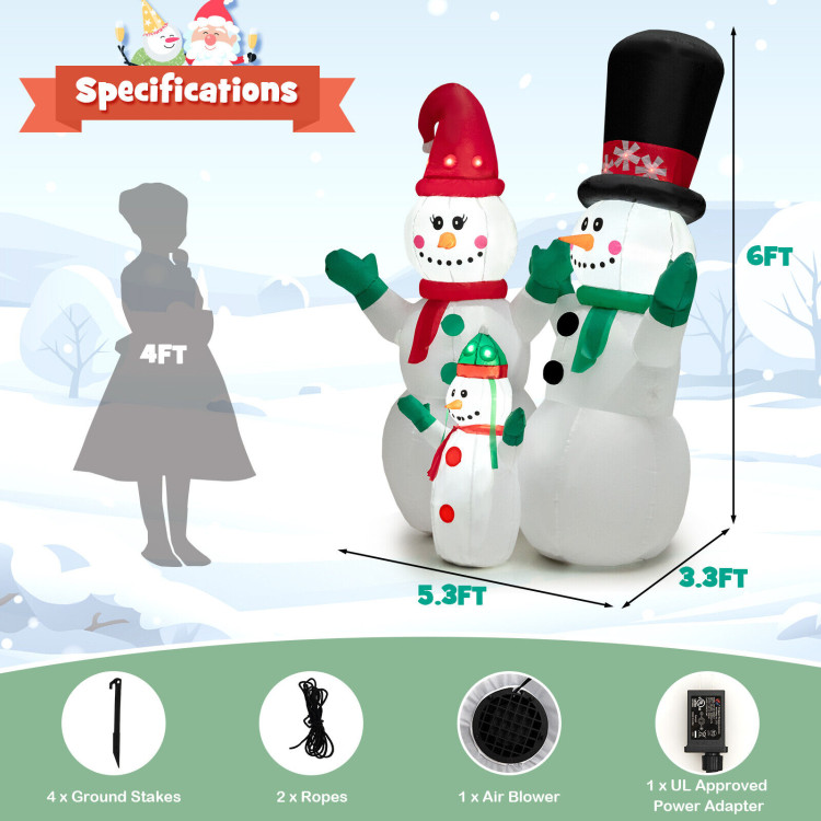 6 Feet Inflatable Christmas Snowman Decoration with LED and Air BlowerCostway Gallery View 4 of 10