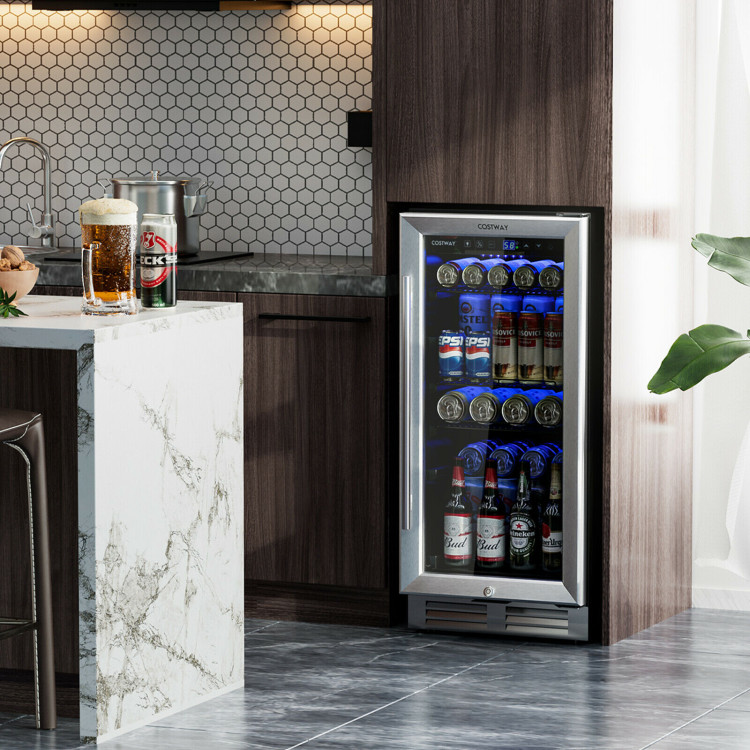 15 Inch 100 Can Built-in Freestanding Beverage Cooler Refrigerator with Adjustable Temperature and Shelf-SilverCostway Gallery View 1 of 10
