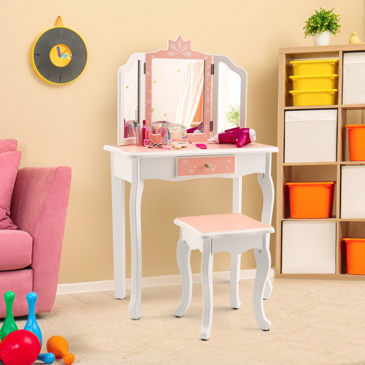 Princess Vanity Table and Chair Set with Tri-Folding Mirror and Snowflake Print-PinkCostway Gallery View 6 of 10