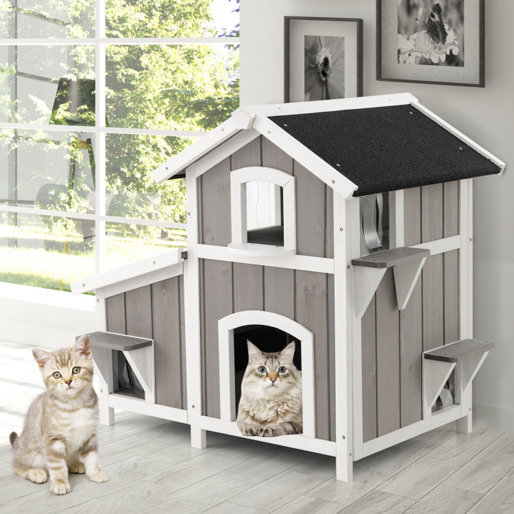 Outdoor 2-Story Wooden Feral Cat House with Escape Door-GrayCostway Gallery View 2 of 10