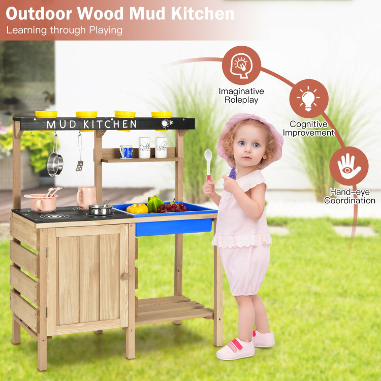 Outdoor Mud Kids Kitchen Playset Wooden Pretend Play Toy with KitchenwareCostway Gallery View 3 of 11
