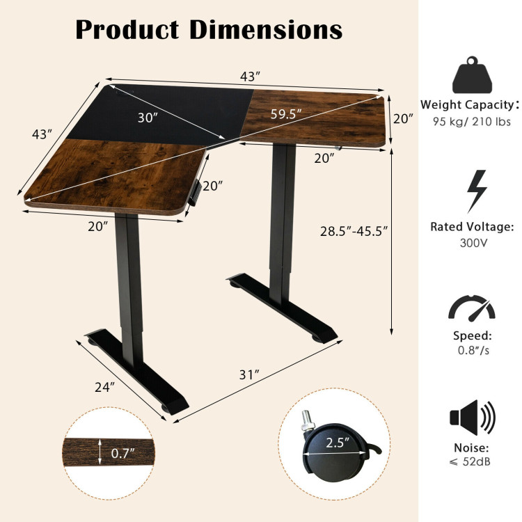 L-shaped Electric Standing Desk with 4 Memory Positions and LCD Display-Rustic BrownCostway Gallery View 4 of 11