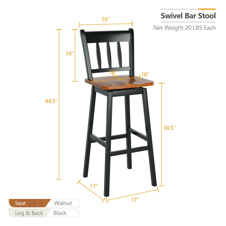 30.5 Inches Set of 2 Swivel Bar Stools with 360° Swiveling-BlackCostway Gallery View 4 of 8