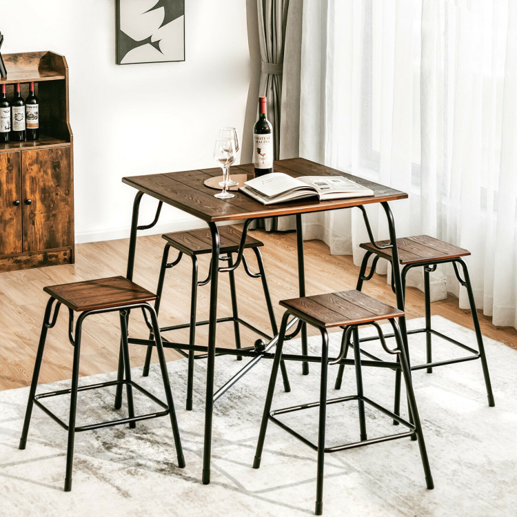 5 Pieces Bar Table Set with 4 Counter Height Backless Stools-Rustic BrownCostway Gallery View 1 of 10