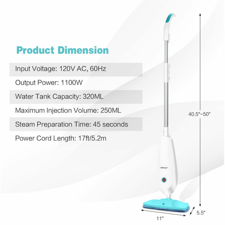 1100 W Electric Steam Mop with Water Tank for Carpet-TurquoiseCostway Gallery View 5 of 11