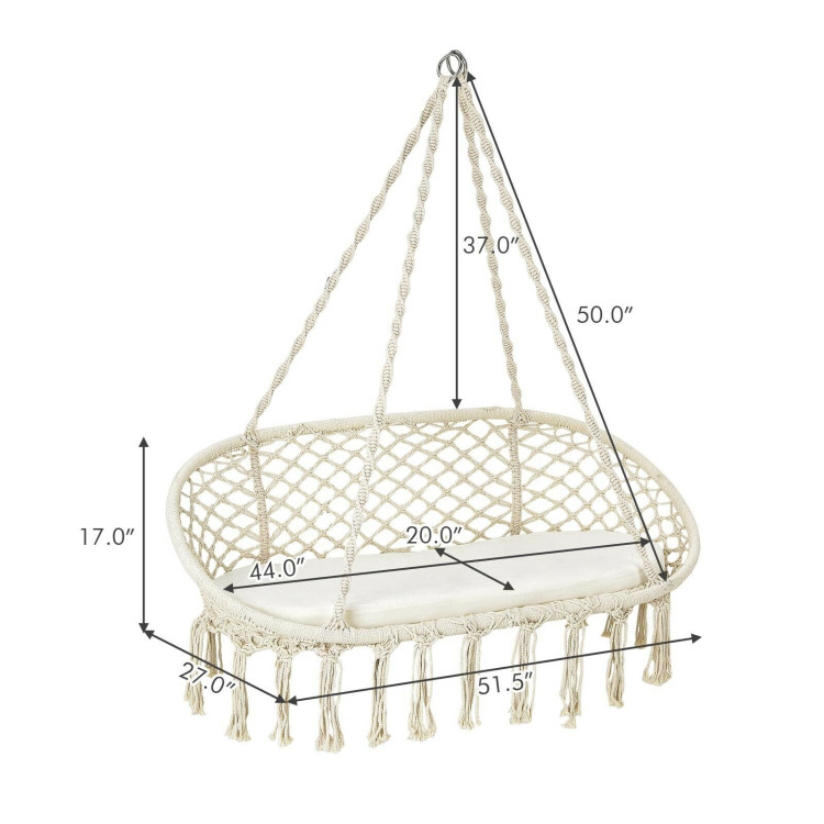 2 Person Hanging Hammock Chair with Cushion Macrame Swing-BeigeCostway Gallery View 5 of 11