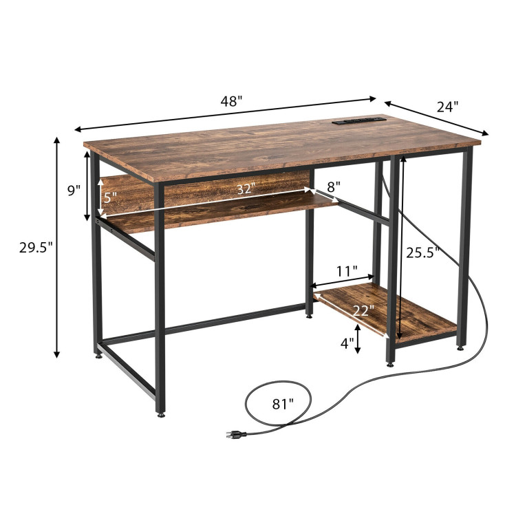 48 Inch Computer Desk with Power Outlet USB Ports-Rustic BrownCostway Gallery View 4 of 10