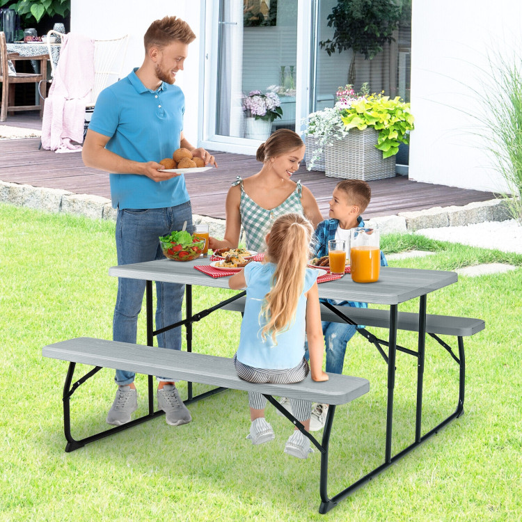 Indoor and Outdoor Folding Picnic Table Bench Set with Wood-like Texture-GrayCostway Gallery View 6 of 12