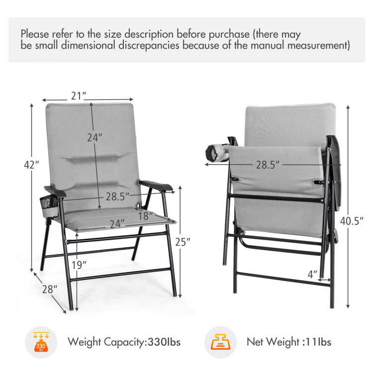 2 Pieces Patio Padded Folding Portable Chair Camping Dining Outdoor-GrayCostway Gallery View 4 of 10