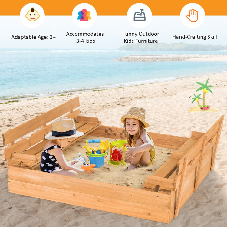 Kids Wooden Sandbox with 2 Foldable Bench SeatsCostway Gallery View 2 of 10