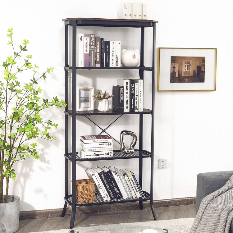 Industrial 5-Layer Bookshelf with Out-Stretched Legs-Rustic BrownCostway Gallery View 2 of 10