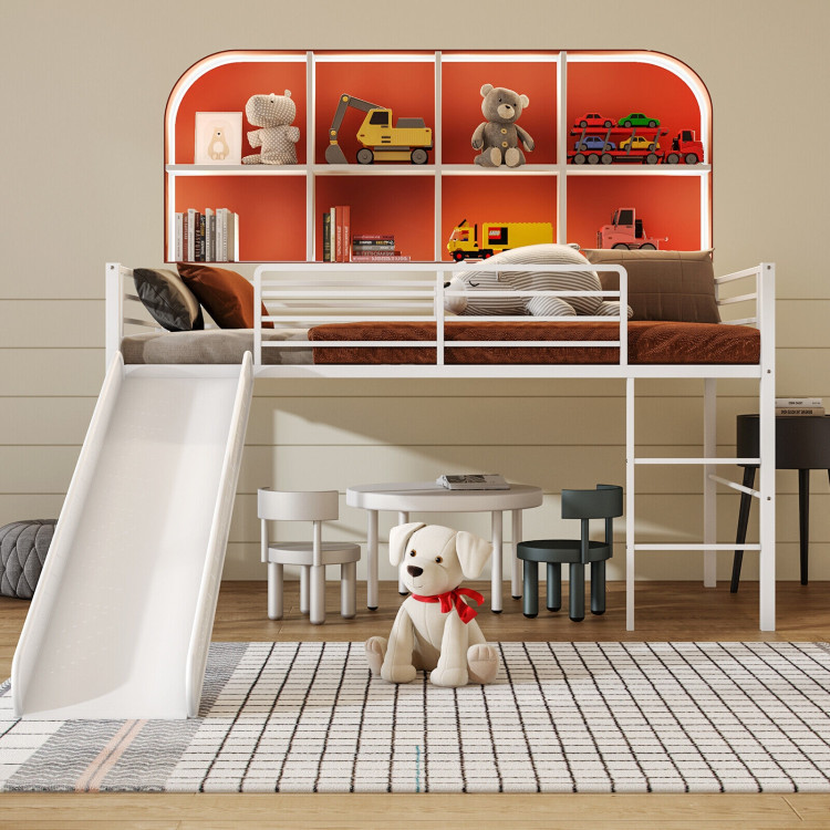 Twin Metal Loft Bed with Slide Safety Guardrails and Built-in Ladder-WhiteCostway Gallery View 1 of 8