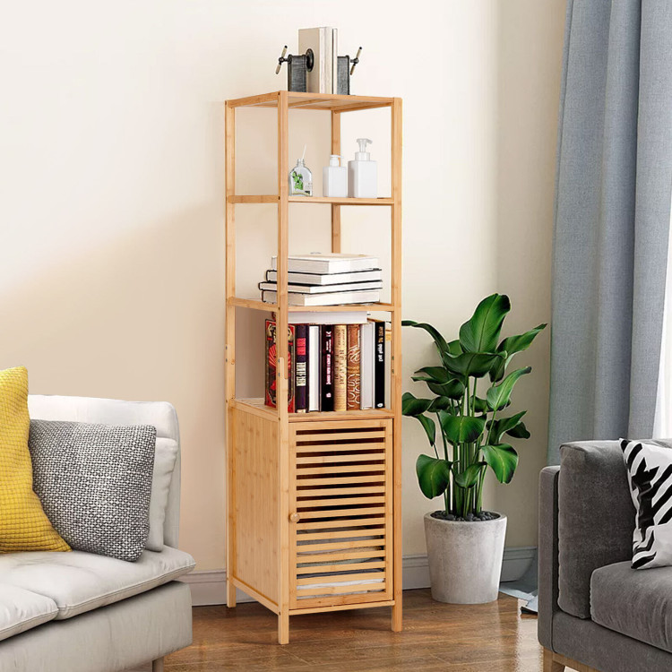 4 Tiers Slim Bamboo Floor Storage Cabinet with Shutter Door and Anti-Toppling Device-NaturalCostway Gallery View 2 of 12