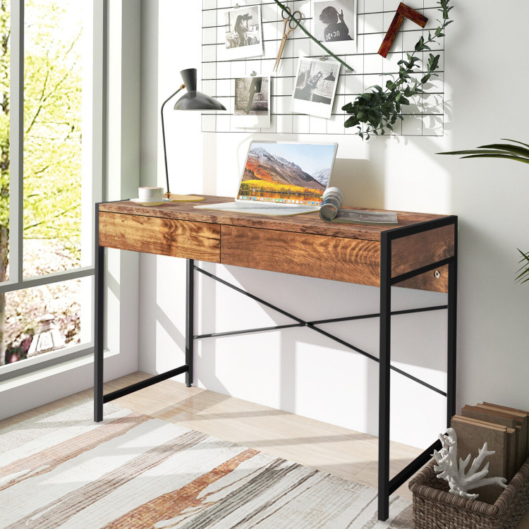 2-Drawer Home Office Desk with Steel Frame-Rustic BrownCostway Gallery View 2 of 11