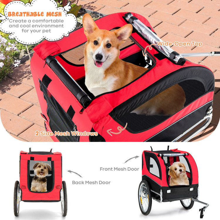 Dog Bike Trailer Foldable Pet Cart with 3 Entrances for Travel-RedCostway Gallery View 6 of 11