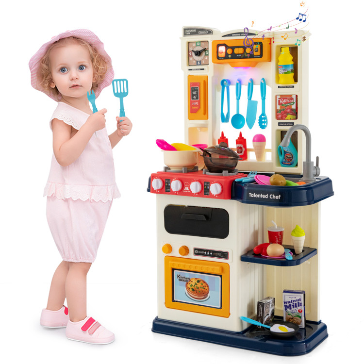 64 Pieces Realistic Kitchen Playset for Boys and Girls with Sound and Lights-BlueCostway Gallery View 7 of 10