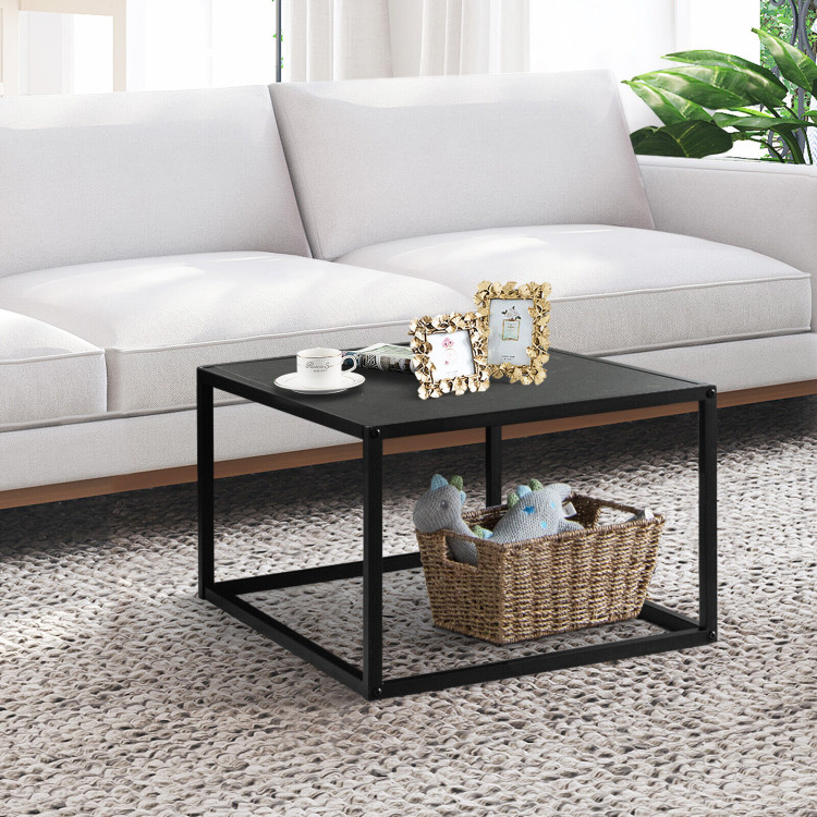 Modern Glass Square Coffee Table with Metal Frame for Living Room-BlackCostway Gallery View 7 of 11