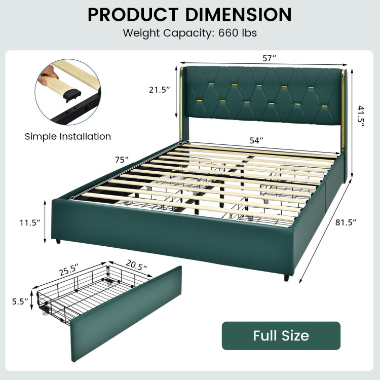 Full/Queen Size Upholstered Bed Frame with 4 Drawers-Green-Full SizeCostway Gallery View 5 of 11