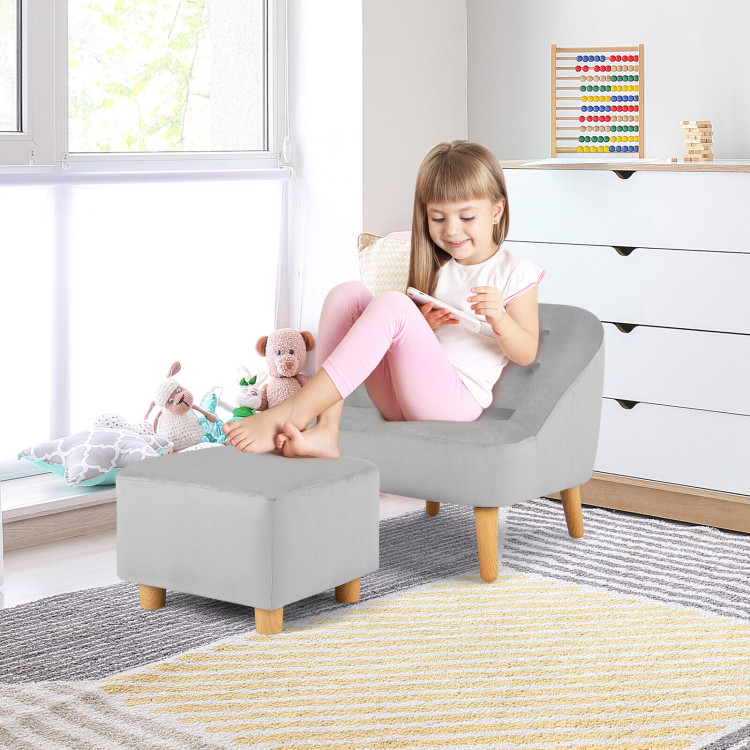 Soft Velvet Upholstered Kids Sofa Chair with Ottoman-GrayCostway Gallery View 6 of 10