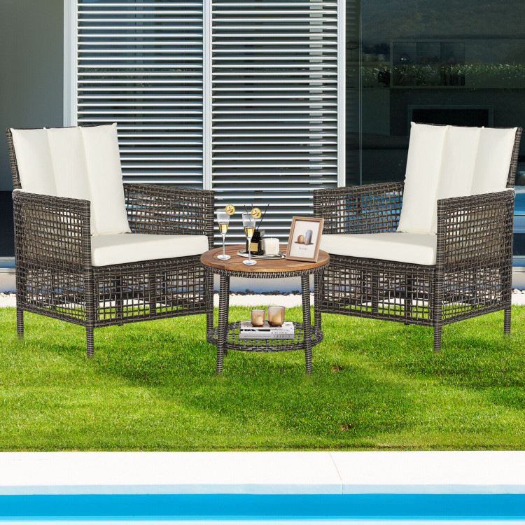 3 Pieces Patio Rattan Furniture Set with Cushioned Sofas and Wood Table Top-WhiteCostway Gallery View 7 of 10